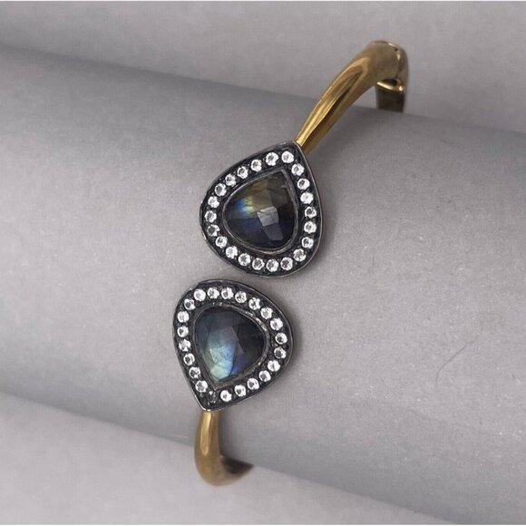 Gold Plated Teardrop Rhinestone Cuff Hinged Bracelet - Picture 1 of 5